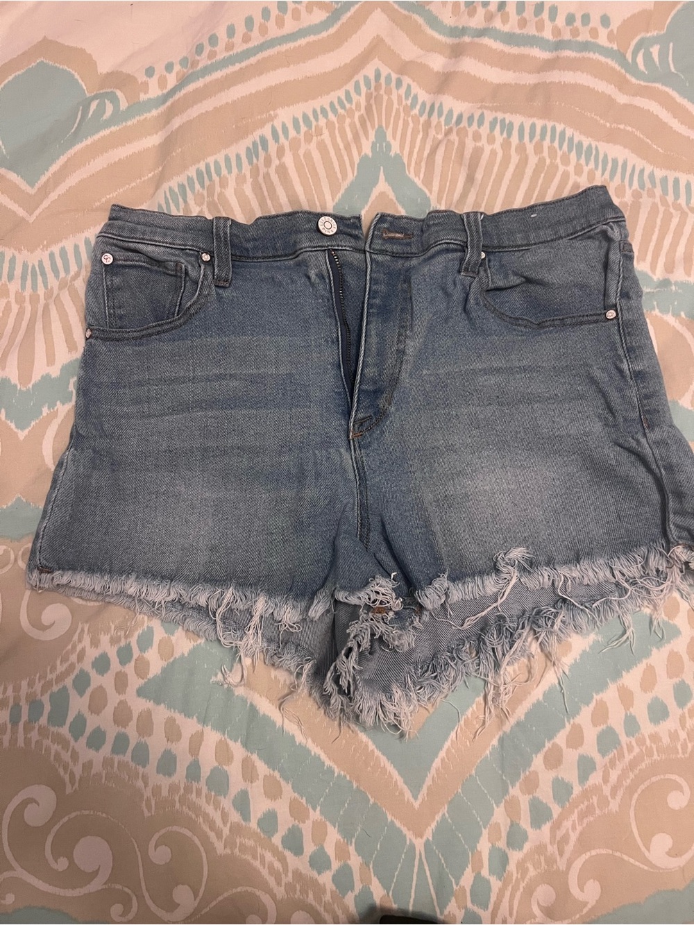Celebrity Pink Light Blue Frayed Hem Denim Shorts